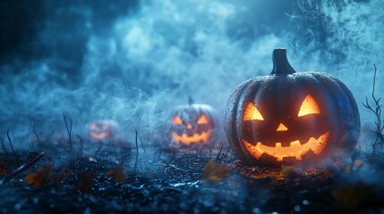 Halloween Jack-o'-Lanterns in a Foggy Night