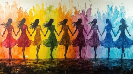 vibrant watercolor mural depicting diverse women uniting hands joined global symbols empowering silhouettes dynamic brushstrokes