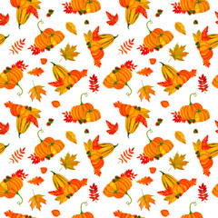 Pumpkin and autumn leaves seamless pattern, watercolor botanical illustration, for prints, invitations, cards for the autumn holidays Thanksgiving, Halloween, harvest festival, farmer's market.
