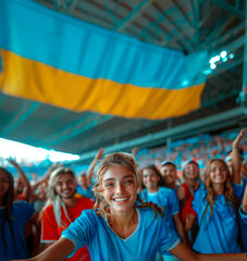 Fototapeta premium Excited soccer fans waving flags in a packed stadium