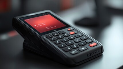 Obraz premium Modern pos terminal lying on table is glowing in the dark