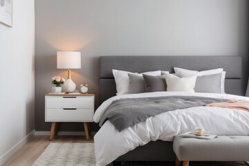 A Modern Bedroom with a Gray Headboard and a White Nightstand