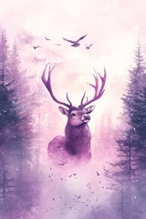 Naklejka premium Watercolour illustration of beautiful deer standing in a snowy forest, purple and orange colors for Christmas, new year cards, posters, winter season backgrounds, prints