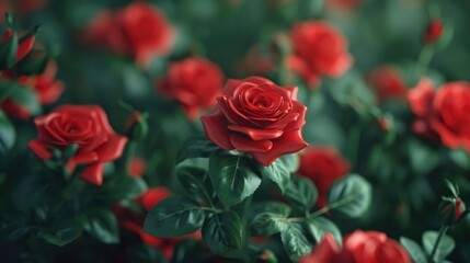 A bouquet of fresh red roses surrounded by lush green leaves, perfect for romantic occasions or floral arrangements