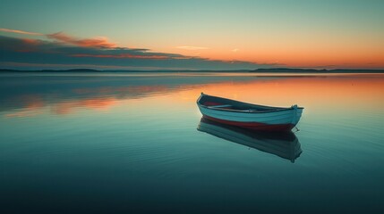 Naklejka premium Lone boat on a calm lake at dusk, with a strong contrast between the dark water and the bright horizon