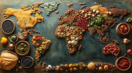 vibrant world map composed of diverse international cuisines each continent showcases iconic dishes and ingredients creating a colorful tapestry of global flavors and culinary traditions