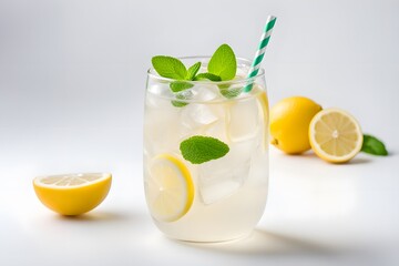 Fototapeta premium A refreshing glass of iced lemonade with lemon slices and mint leaves on a white background, AI Generated