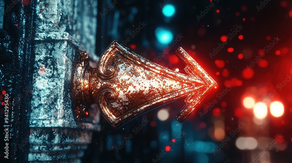 Poster a red and gold object on top of a pole, in sharp focus against a blurred backdrop of red and blue li