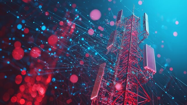 5g base station receiver on a telecommunication tower with network connections.