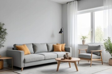 Minimalist Living Room with Grey Sofa, Wooden Chair, and Coffee Table