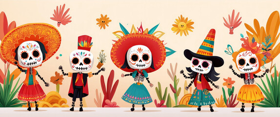Fototapeta premium A vibrant Dia de los Muertos skull parade showcasing colorful costumes and decorative skulls, featuring clear text sections set against a lively street scene backdrop.