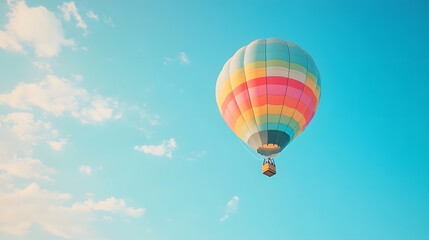 Obraz premium One Colorful hot air balloon floating in a clear blue sky, vibrant rainbow patterns, wispy white clouds, bright sunlight, panoramic view, adventure theme, summer day.