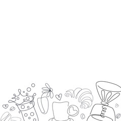 Moka pot, a glass of coffee, croissant, two macarons. Coffee time composition. Line art, retro. Vector illustration for coffee shops, cafes, and restaurants.

