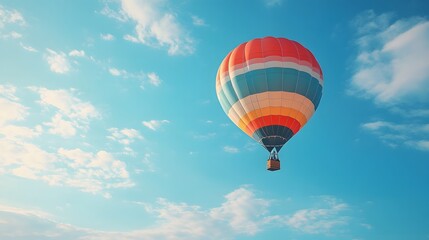 Fototapeta premium One Colorful hot air balloon floating in a clear blue sky, vibrant rainbow patterns, wispy white clouds, bright sunlight, panoramic view, adventure theme, summer day.