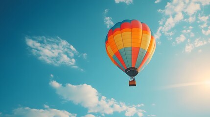 Obraz premium One Colorful hot air balloon floating in a clear blue sky, vibrant rainbow patterns, wispy white clouds, bright sunlight, panoramic view, adventure theme, summer day.