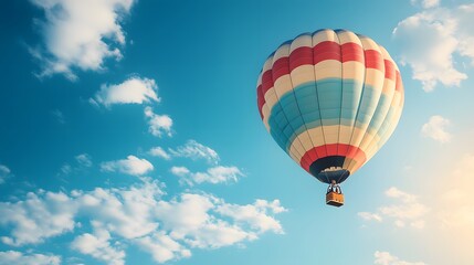 Fototapeta premium One Colorful hot air balloon floating in a clear blue sky, vibrant rainbow patterns, wispy white clouds, bright sunlight, panoramic view, adventure theme, summer day.