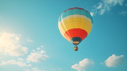Fototapeta premium One Colorful hot air balloon floating in a clear blue sky, vibrant rainbow patterns, wispy white clouds, bright sunlight, panoramic view, adventure theme, summer day.