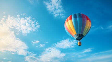 Fototapeta premium One Colorful hot air balloon floating in a clear blue sky, vibrant rainbow patterns, wispy white clouds, bright sunlight, panoramic view, adventure theme, summer day.