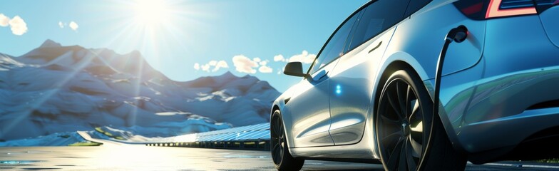 Picture an electric vehicle charging against a snowy mountainside, a symbol of sustainable travel and clean energy. It signifies progress in ecofriendly transportation and technology
