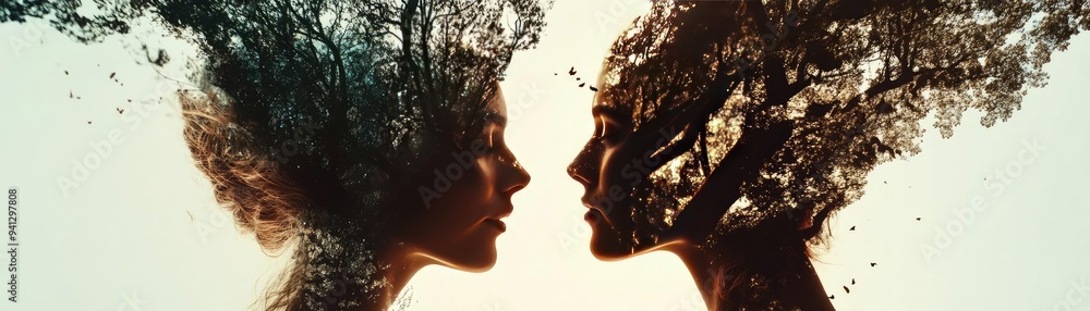 Poster a surreal illustration of two faces merging with abstract elements, emphasizing connection and creat