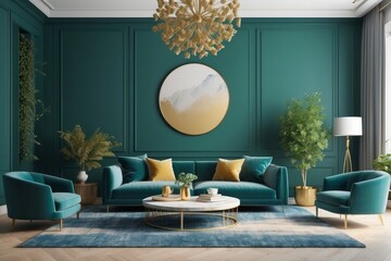 Luxurious Teal Living Room with Gold Accents and a Round Abstract Painting