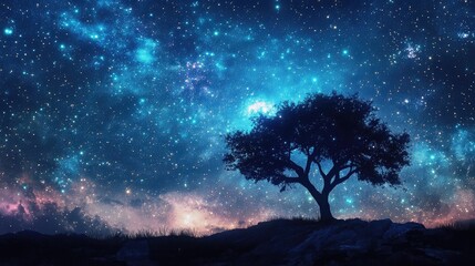 A serene silhouette of a tree against a stunning, starry night sky filled with vibrant colors and cosmic wonders.
