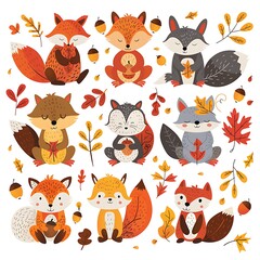 A collection of charming clipart showcasing adorable foxes surrounded by autumn leaves, acorns, and cozy fall vibes, perfect for seasonal projects and designs