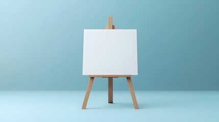 Wooden easel with blank white canvas, light blue background, minimalist composition, studio photography, soft diffused lighting, clean aesthetic, artistic setup.