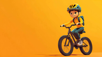 Naklejka premium A cute cartoon boy wearing a helmet and riding a bike.