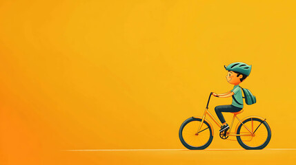 Fototapeta premium A cartoon illustration of a boy riding a bike, wearing a helmet and a backpack, on a bright yellow background.