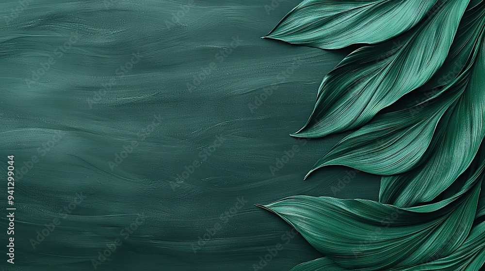 Poster a painting of a green leaf on a dark green background featuring space for text on the left side