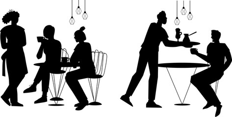 Silhouette image of a scene in a cafe or coffee shop. People sitting in cafe, chatting, and waitress taking order, outline graphic illustration.