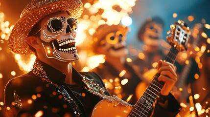 Captivating scenes of musicians passionately performing during Dia de los Muertos celebrations, surrounded by vibrant decorations and rich cultural symbolism, perfect for open text fields.