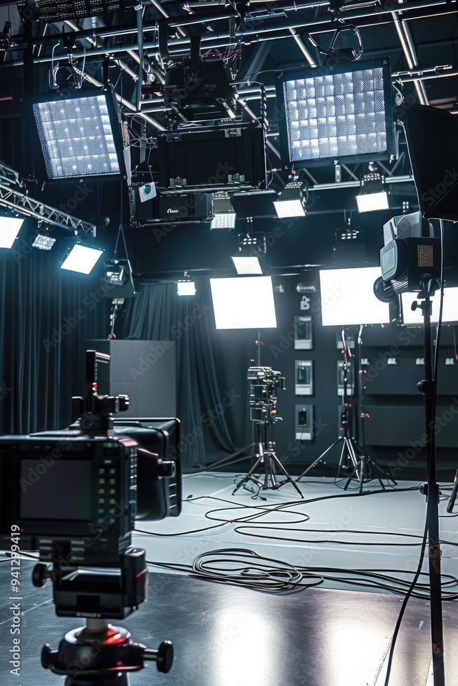 Poster a well-lit studio setting with multiple light sources and a camera, ideal for photography or filming