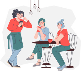 Girls sitting in cafe, chatting, and waitress taking order. Meeting of friends and coffee break.