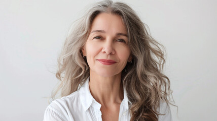 Fototapeta premium Portrait of beautiful happy middle aged woman looking at camera on white background