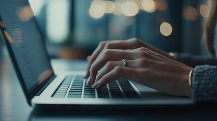 Focused businesswoman working on a laptop keyboard for professional tasks and online communication in an office setting