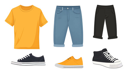 A set of casual men's clothing including a yellow t-shirt, blue jeans, black pants, black sneakers and yellow sneakers.