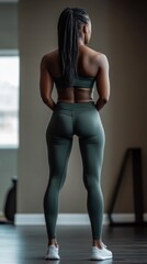 Fototapeta premium Fitness woman. Athletic girl in sports bra and leggings rear view