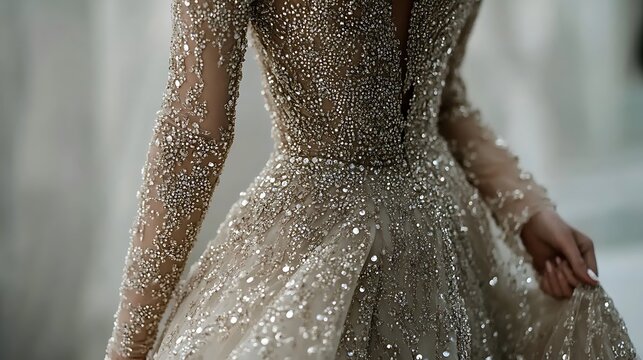 Close-up of a sparkling, beaded wedding gown.