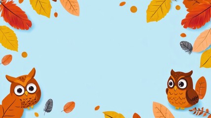 Colorful autumn leaves and cute owls create a playful and vibrant frame for any seasonal project or decoration.
