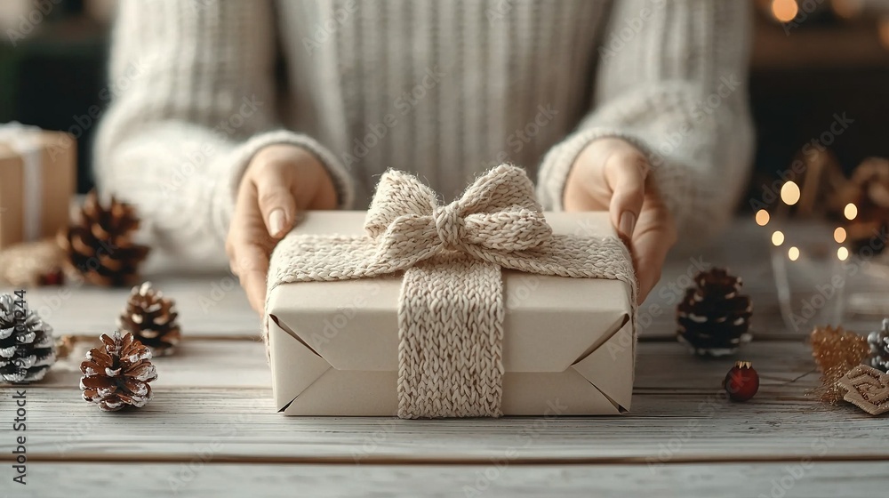 Poster a person holding a wrapped present box in front of a table with cones and pine cones