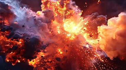 Dramatic explosion with fiery clouds and debris filling special effects demonstration