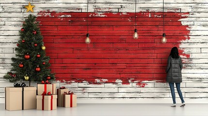   A woman stands before a red brick wall, Christmas tree, and presents