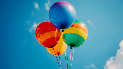 Obraz premium Colorful Balloons Floating in Bright Blue Sky at Festive Outdoor Event