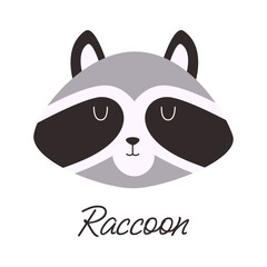 Cute raccoon face drawn in cartoon style. Creative and modern print for children's clothes.