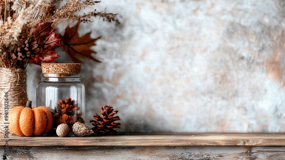 Sticker a wooden shelf holds a glass jar filled with pine cones and two small pumpkins