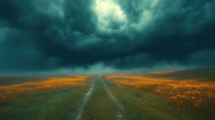 Dramatic Storm Clouds Over a Field of Yellow Wildflowers with a Dirt Path Leading into the Distance