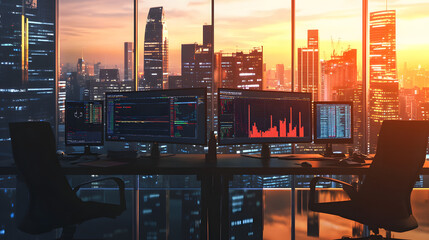 Vibrant Trading Desk Scene, Traders Engaged in Analyzing Trade Outlook Across Multiple Screens, Displaying Intense Market Focus.