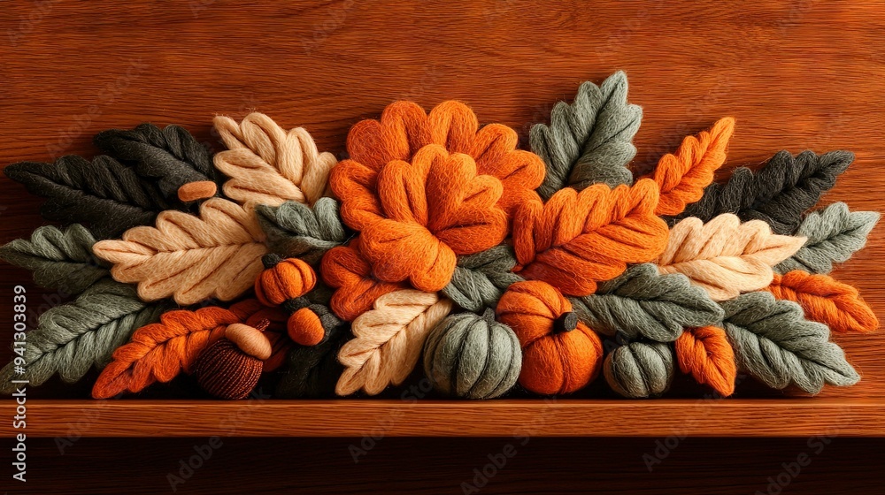 Poster a close-up of a wooden shelf with an array of leaves and acorns atop it